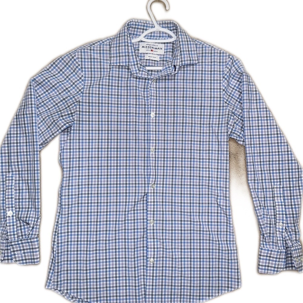 Mizzen+Main Blue and White Plaid Dress Shirt